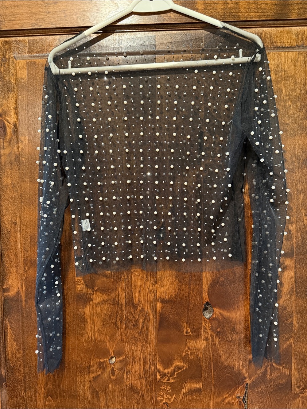 Sheer Black Pearl-Embellished Mesh Long-Sleeve Top